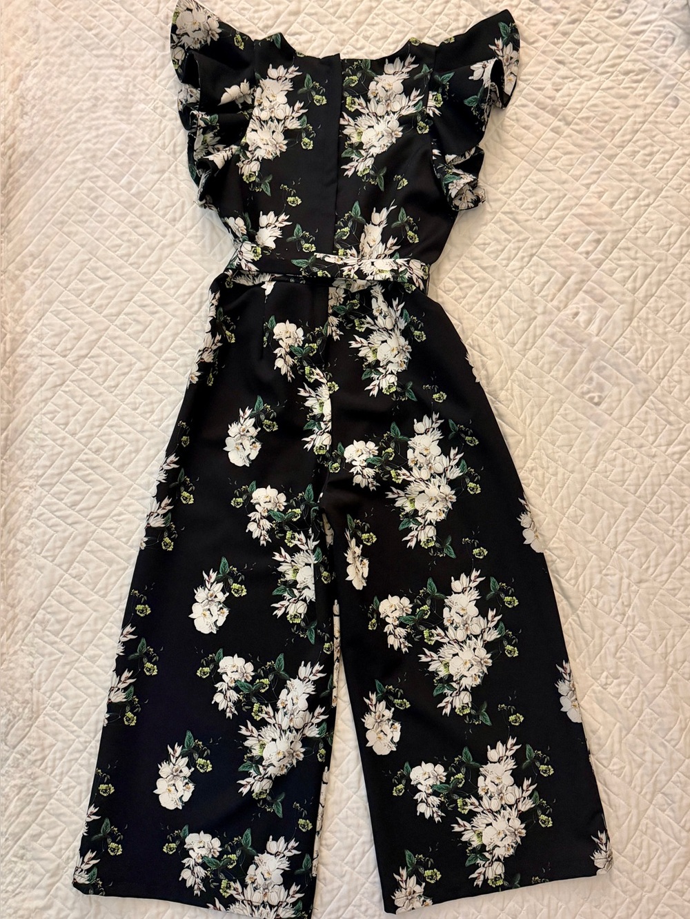 GB Girls Black Floral Tie Waist Ruffle Sleeve Wide Leg Jumpsuit 12 EUC - Picture 5 of 11